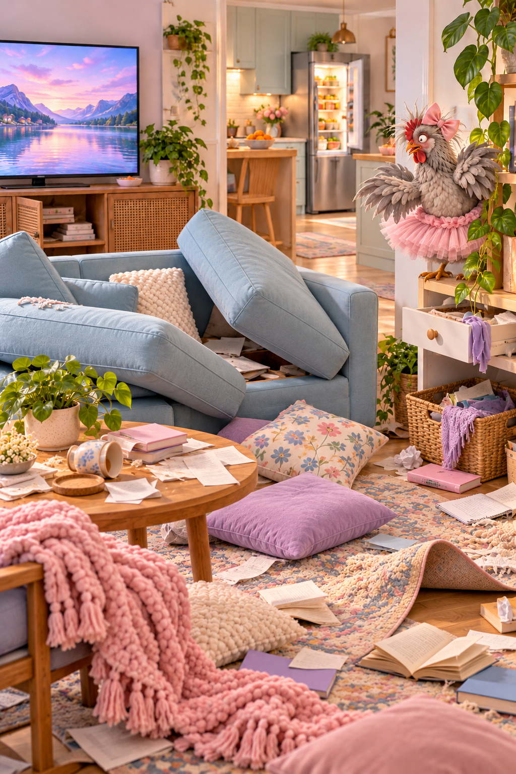 A frazzled gray chicken in a pink tutu surveys a living room turned upside down while searching for the missing TV remote, with cushions lifted, pillows strewn about, drawers open, and the rug flipped up.