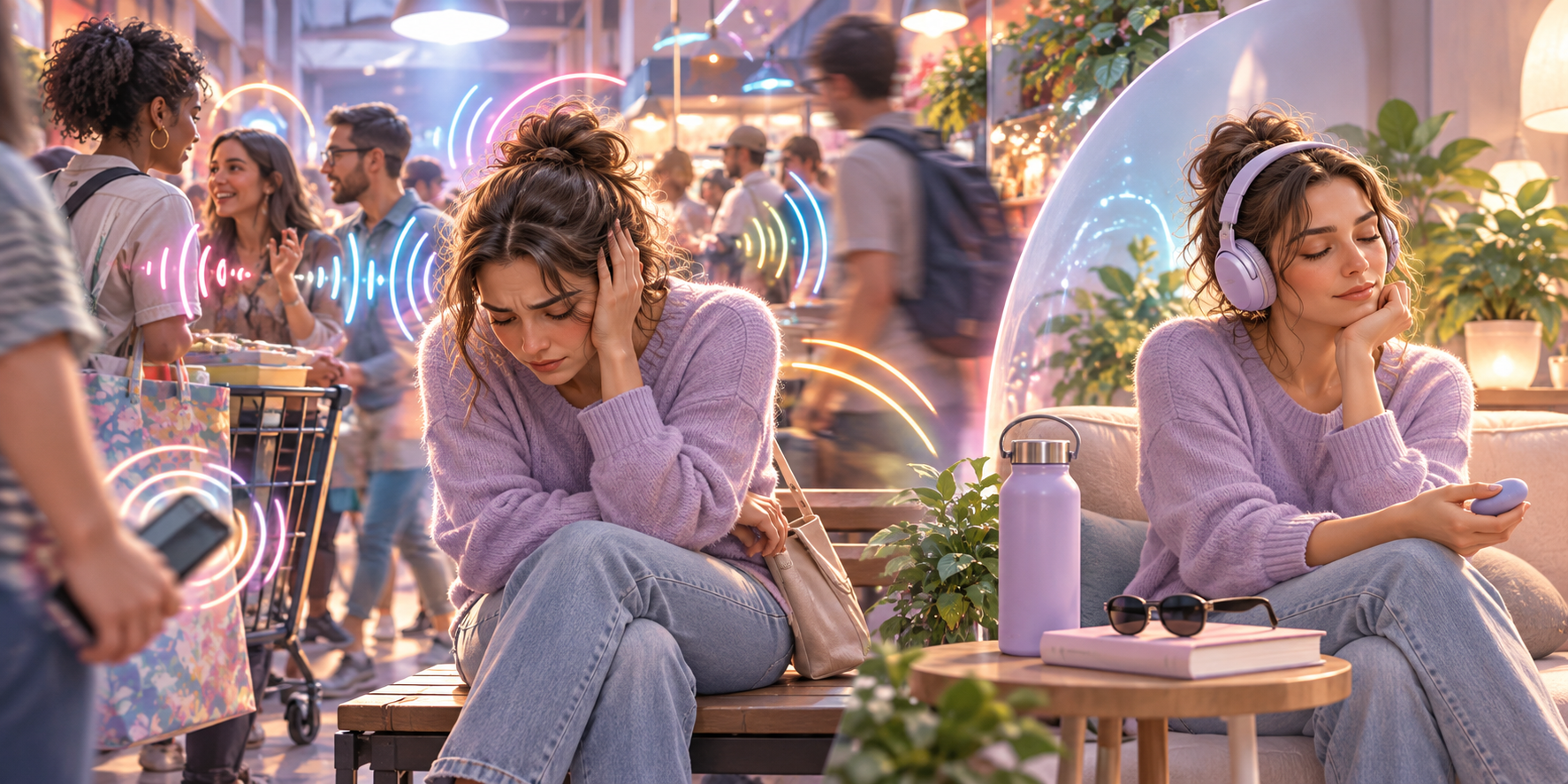 One woman struggles with overlapping sounds, lights, and movement in a busy public space; a second view shows relief in a quieter space using headphones and a sensory tool.