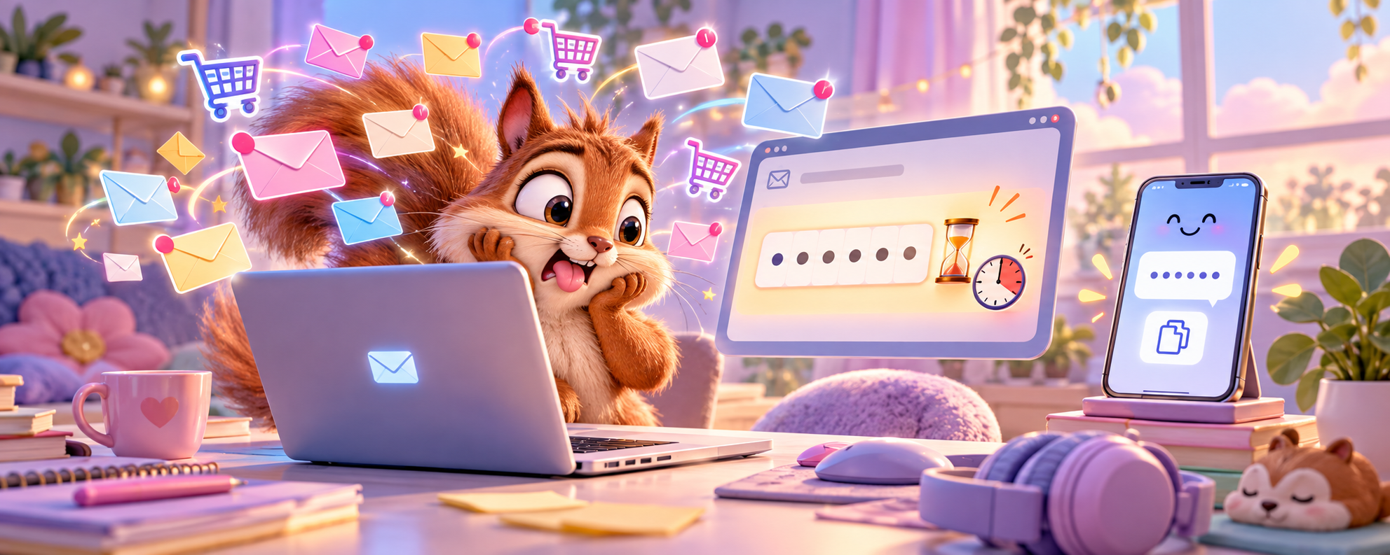 A squirrel gets distracted by a colorful swirl of emails and shopping icons while a verification code expires.