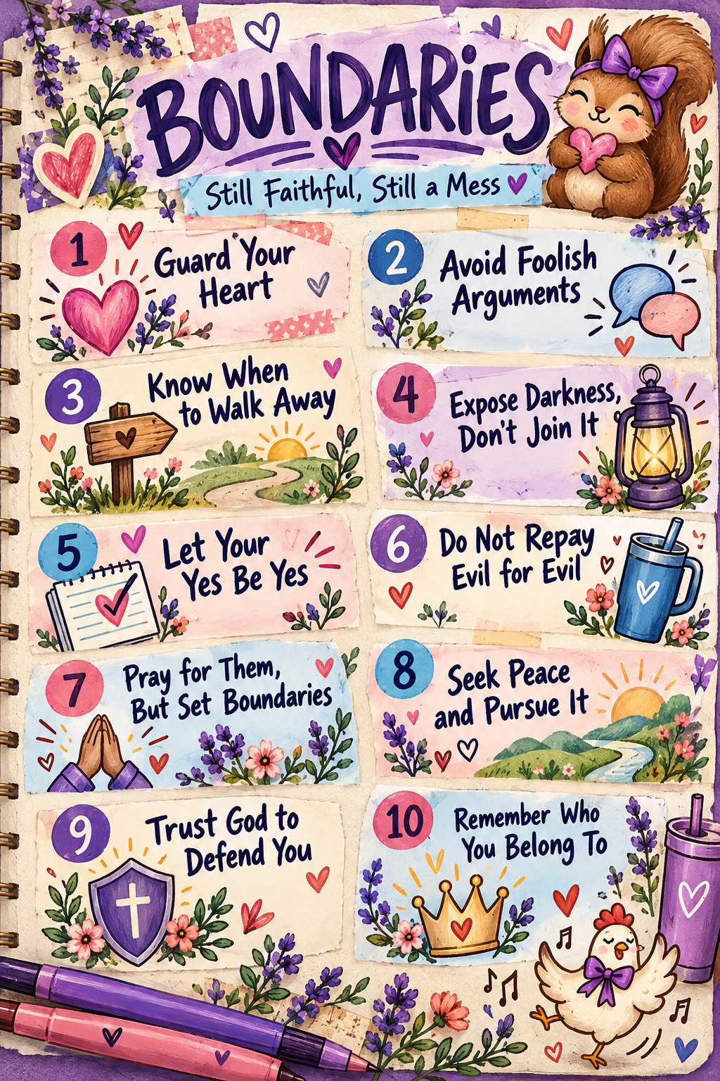 A playful purple, pink, and blue boundaries checklist with ten faith-centered reminders, a small squirrel, and a dancing chicken.