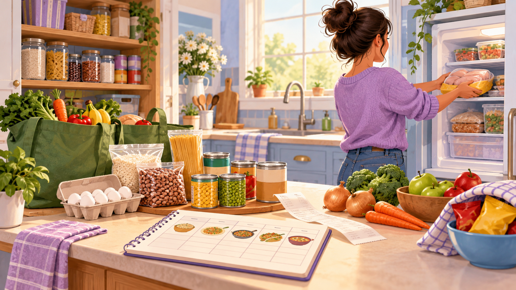 A mother organizing affordable groceries and a weekly meal plan in a cozy kitchen.
