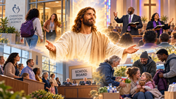 Jesus at the center of a collage depicting a girl entering a Christian adoption agency, ministers preaching, a school board meeting, and people helping a mother and child.