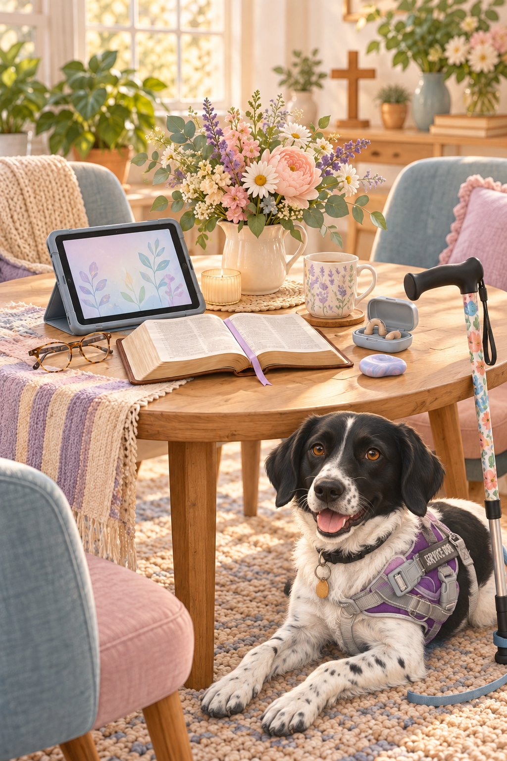 Oreo, a black-and-white service dog in a purple harness, resting beside a table with a Bible and accessibility tools.