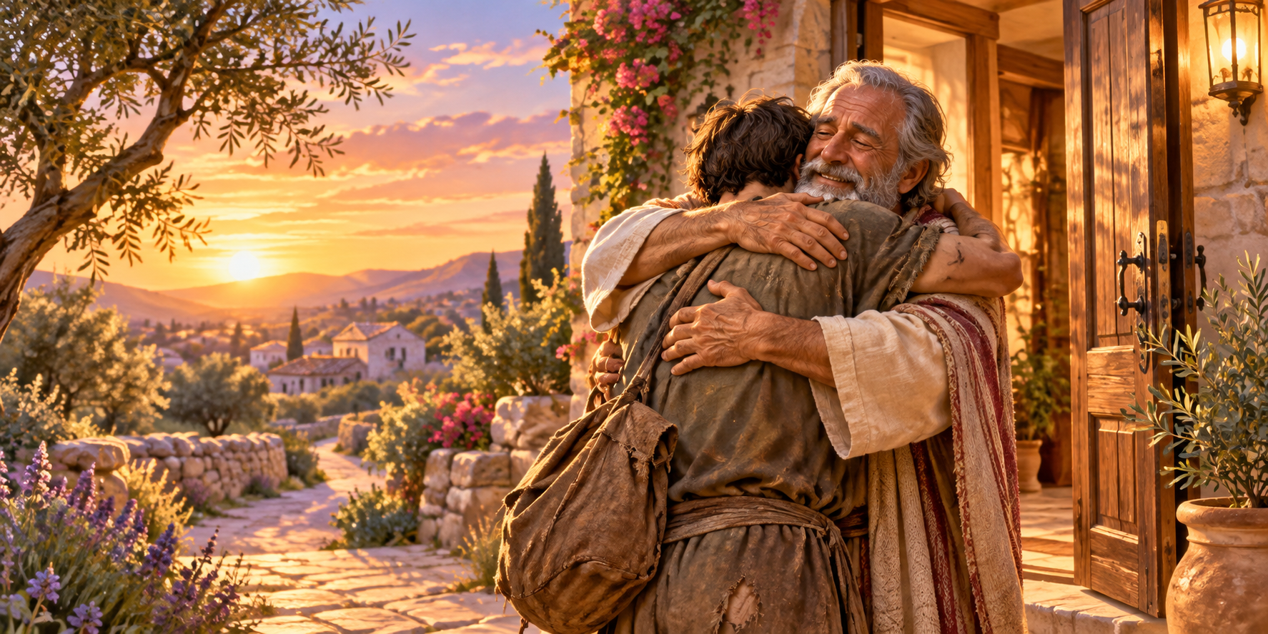 A loving father welcoming his grown child safely home at a warmly lit doorway.