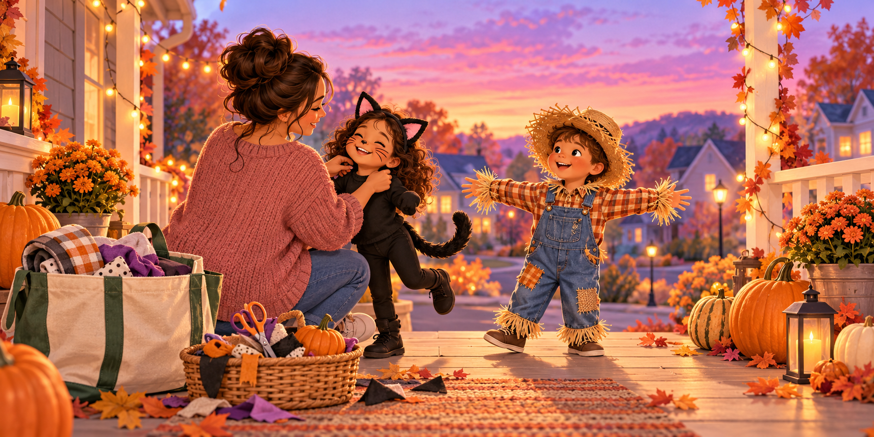 A mother helping two children enjoy creative homemade Halloween costumes on a warmly lit autumn porch.