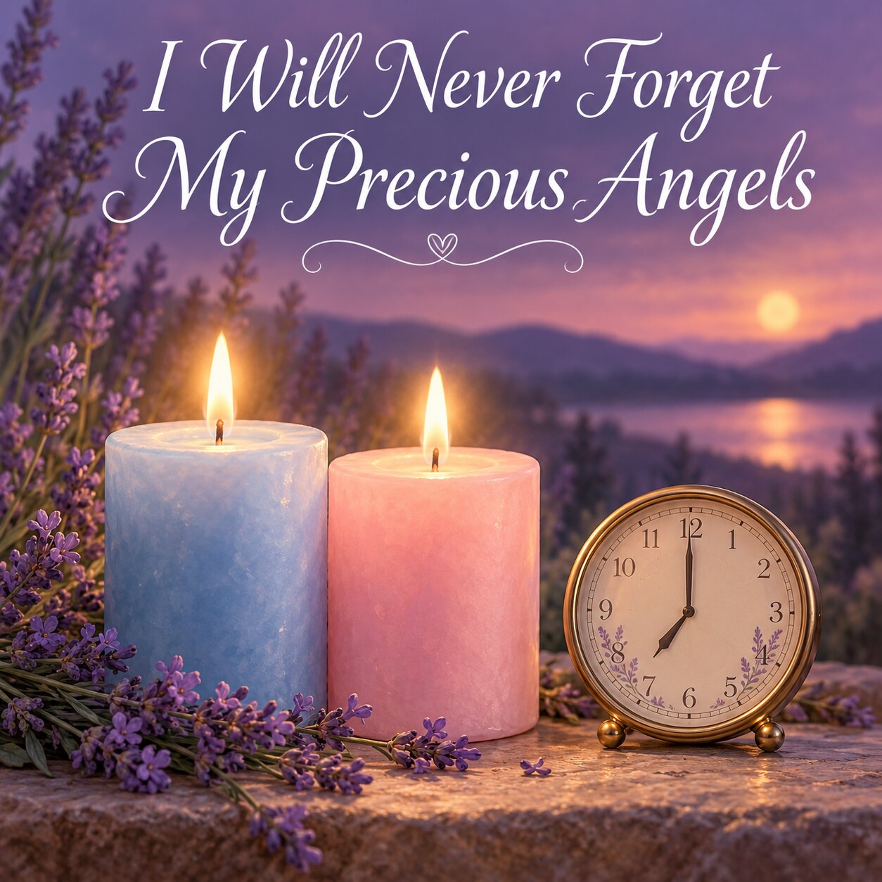 A powder-blue candle and a pink candle burning beside a clock set to 7:00, with the words I Will Never Forget My Precious Angels.