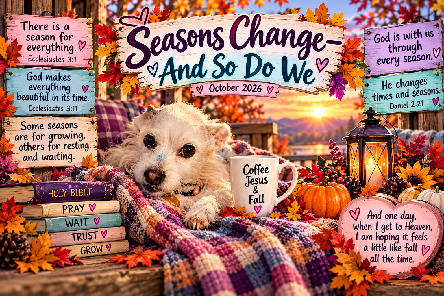 An autumn faith banner for Seasons Change—And So Do We, featuring Peast among cozy fall colors.
