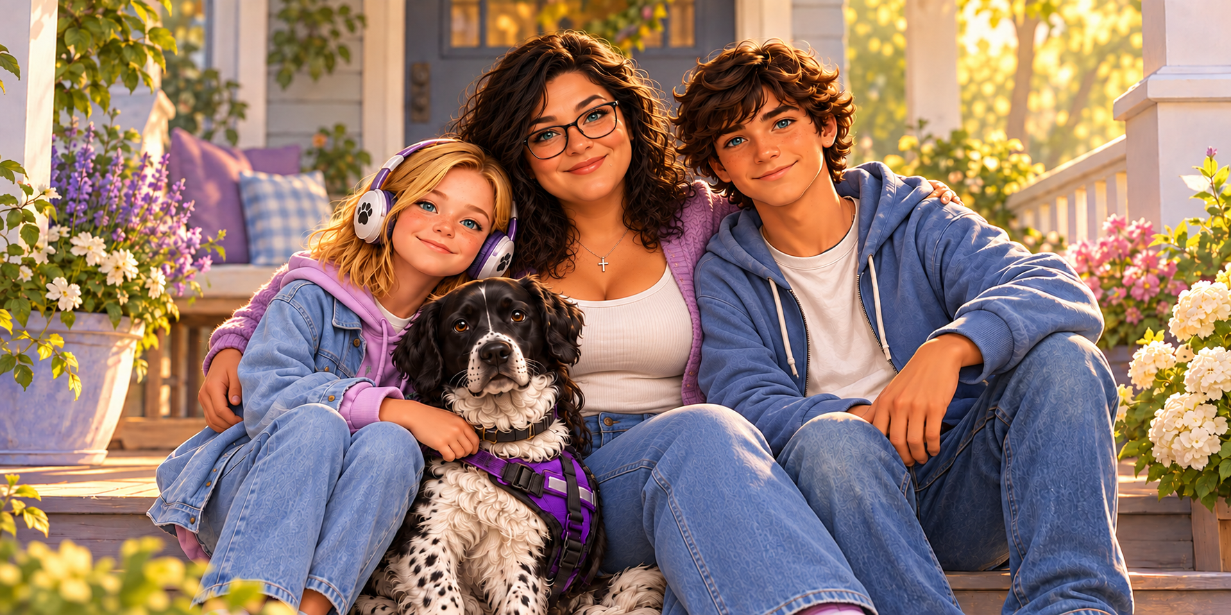 A curvy Hispanic-mixed mother with glasses and a cross necklace shares a peaceful porch moment with her blue-green-eyed blonde daughter, blue-eyed teenage son, and service dog.