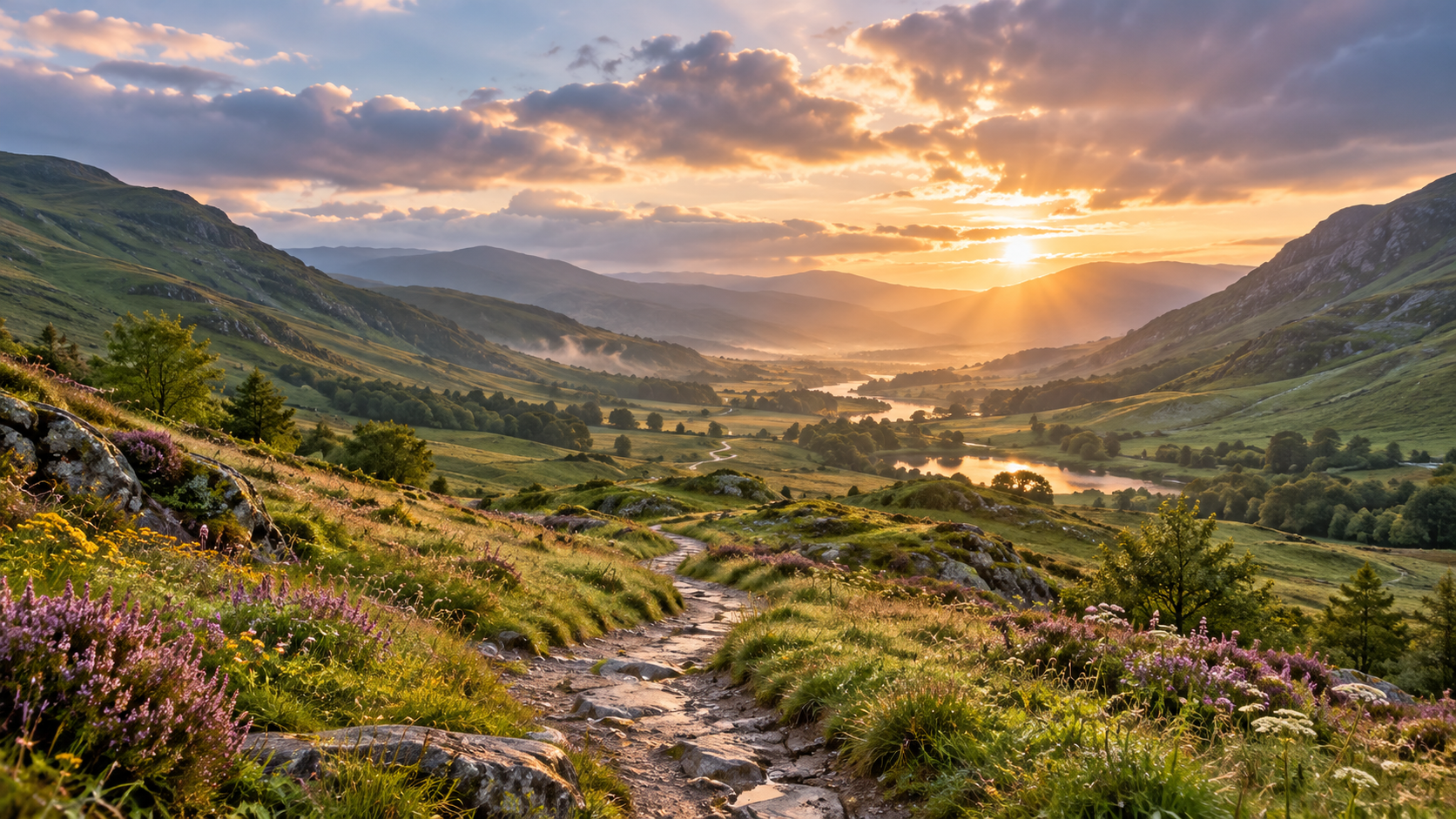 A sunlit path winding through a green valley toward distant hills